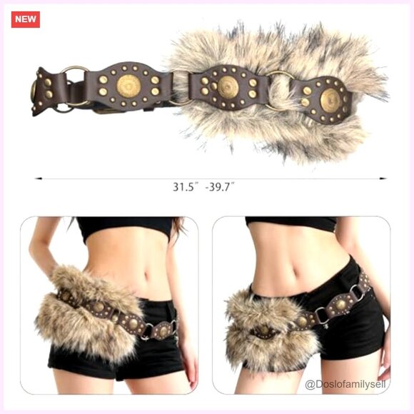 Faux Fur Leather Belt with Pin Buckle, Y2K Vintage Style main image 4